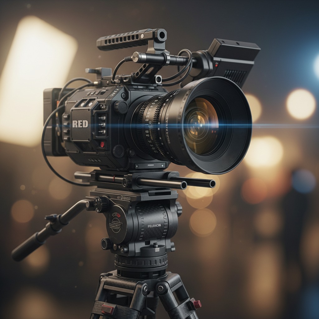 Profesionálna filmová kamera značky RED na statíve v štúdiovom prostredí s rozostreným pozadím.
